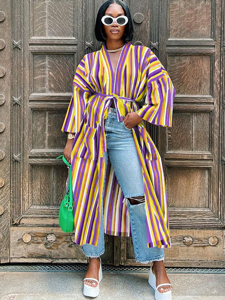 Striped Open Front Split Belted Shirt Coats