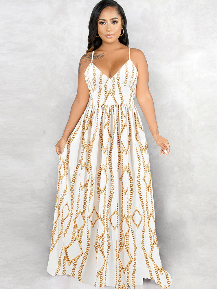 Spaghetti Strap Backless Printed Swing Maxi Dress