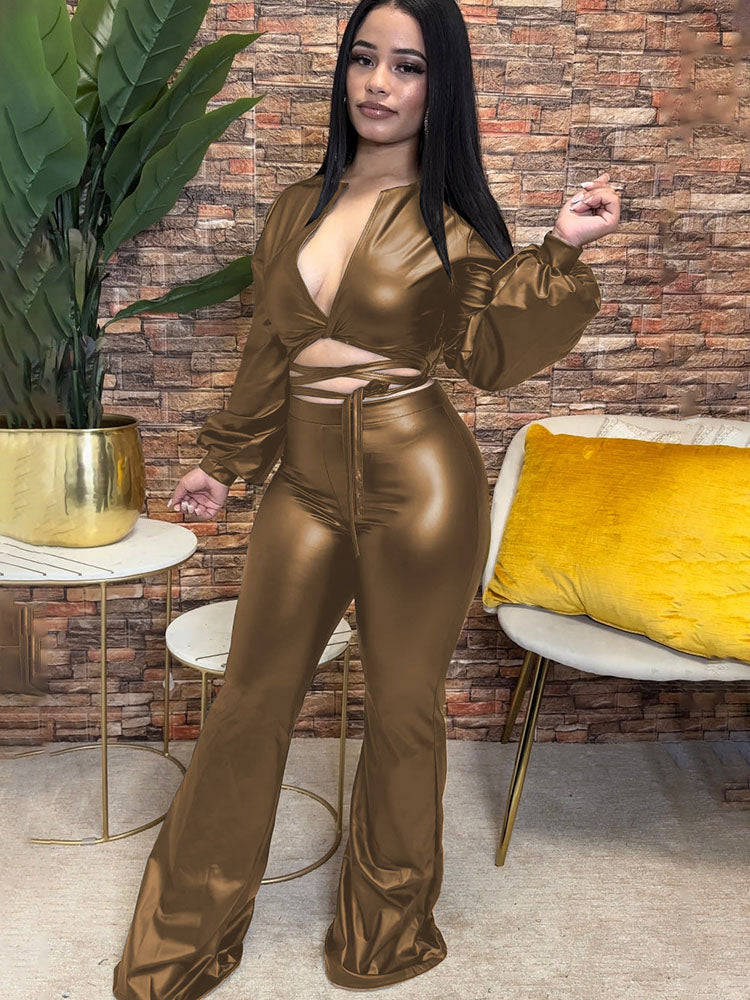 Two Piece Leather Solid Color Pant Suits