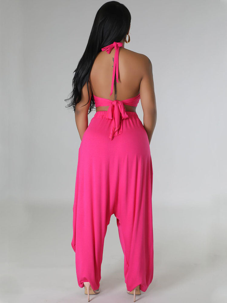 Tie Up Backless Crop Top & Harem Long Pants