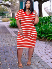 Striped V Neck Loose Midi Dresses