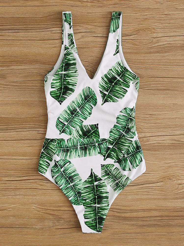 Plus Size Leaf Print Patchwork Swimsuits