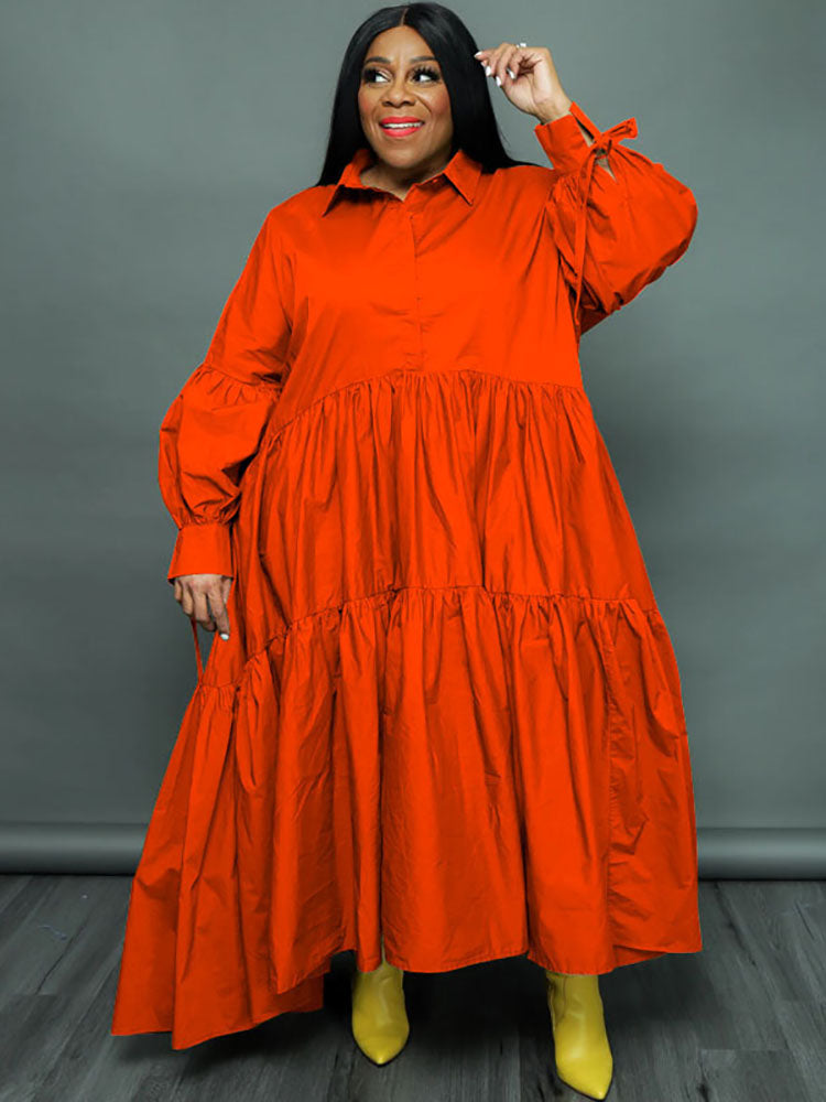 Plus Size Long Sleeves Ruffle Hem Maxi Dresses