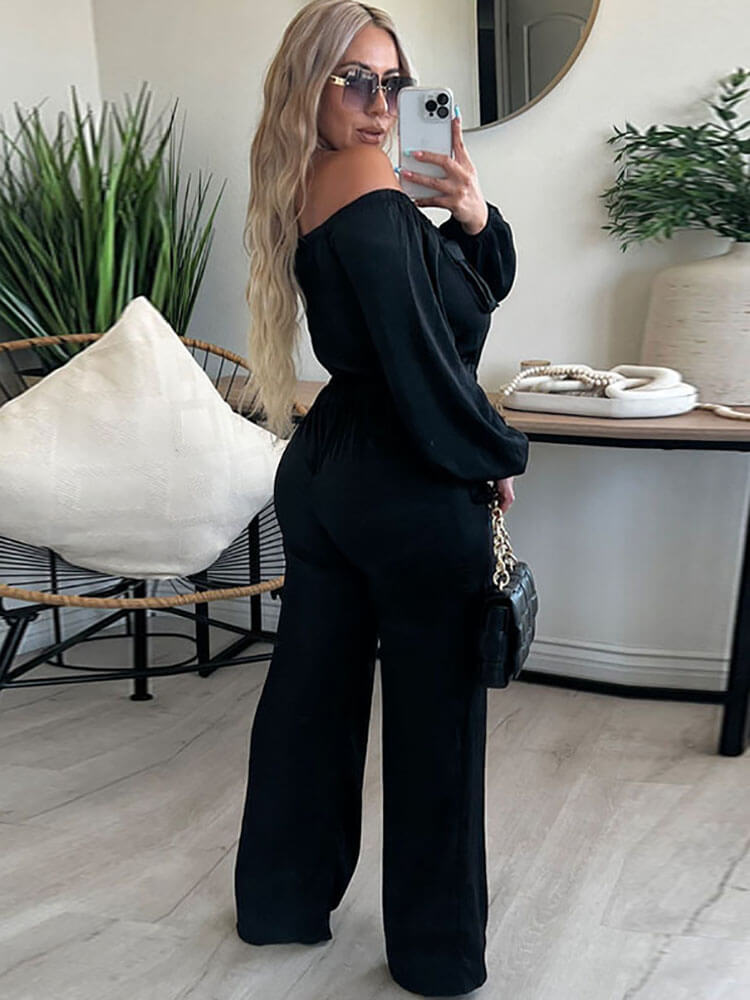 Off Shoulder Long Sleeve Strappy Waisted Jumpsuits