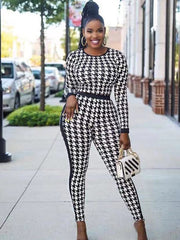 Houndstooth Long Sleeve Patchwork Bodycon Jumpsuit