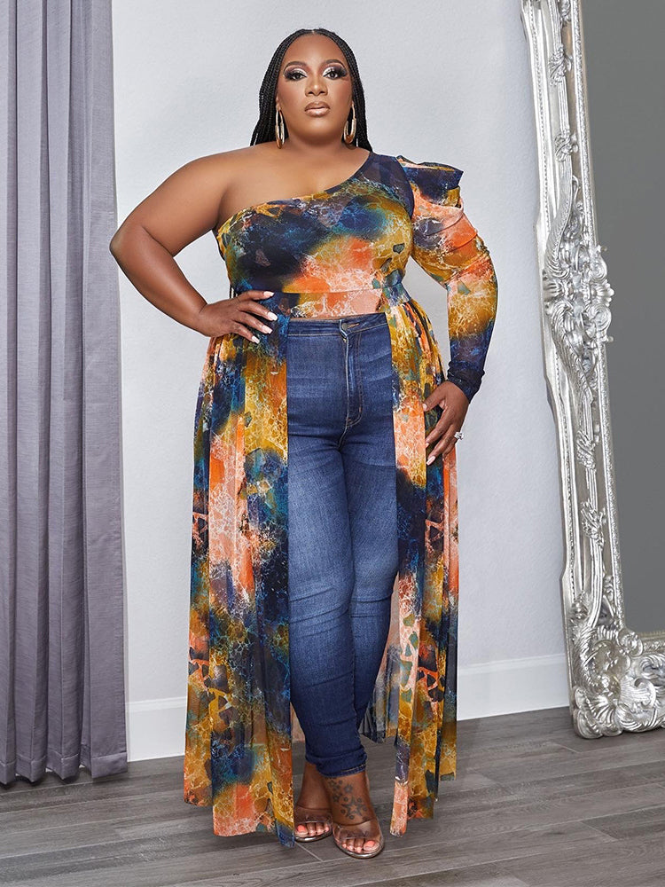 One Shoulder Long Sleeve Floral Print Maxi Dress