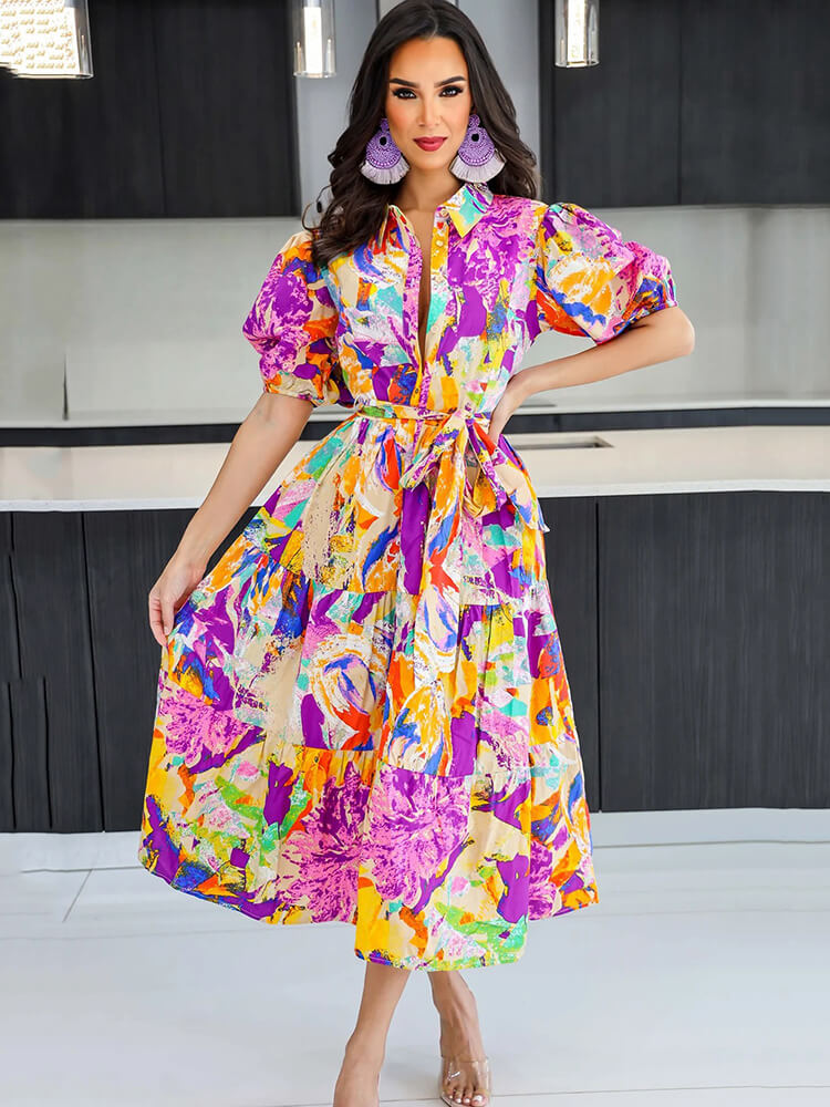 Short Lantern Sleeve Floral Print Midi Dresses