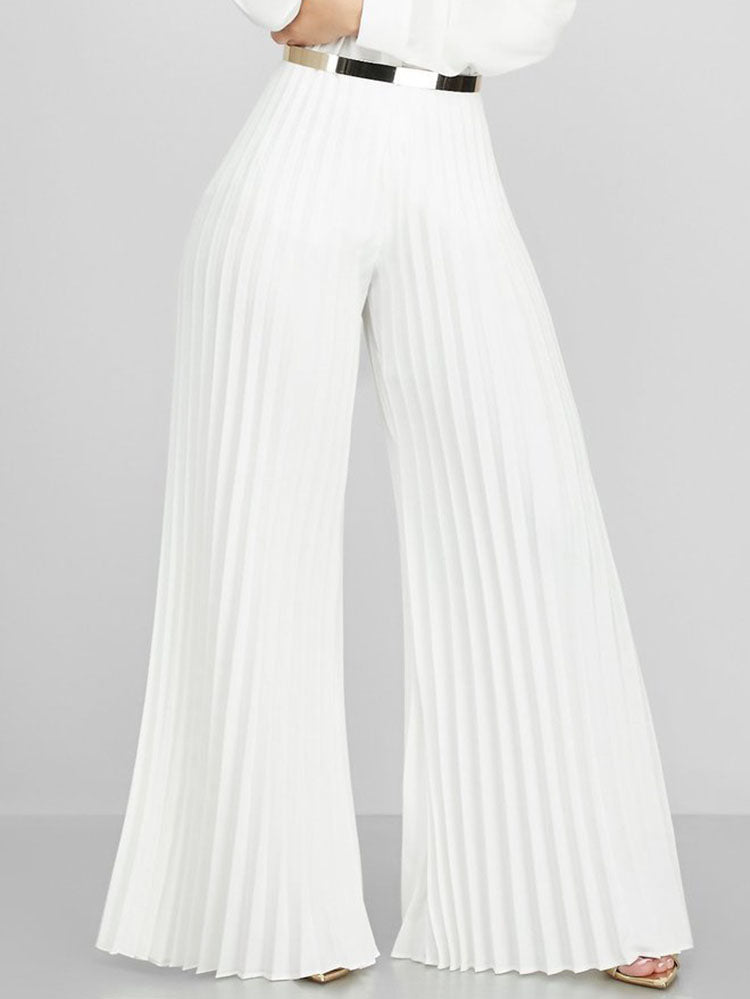 Solid Color Pleated Wide Leg Long Pants