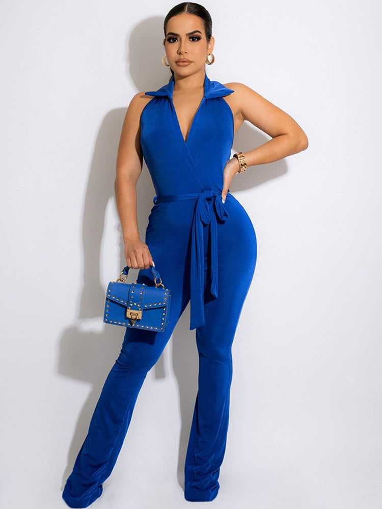 Sleeveless Collar Belt Solid Long Pants Rompers