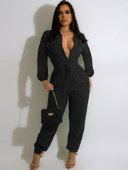 V Neck Button Down Long Sleeve Cargo JumpSuits