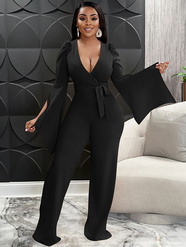 Long Sleeve Tie Up V Neck Jumpsuits