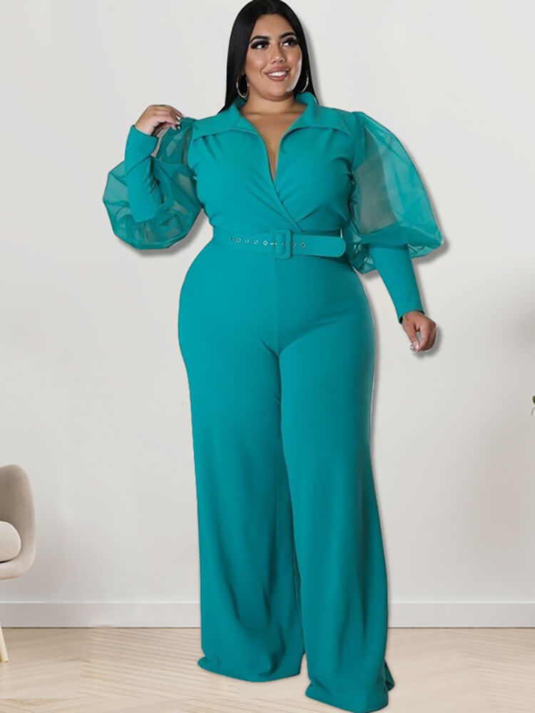 Plus Size Mesh Puff Sleeve Jumpsuits