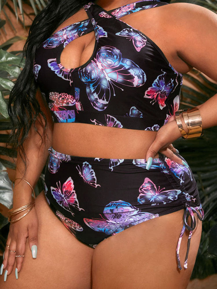 Plus Size Halter Neck Butterfly Print Swimsuit