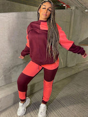 Two Piece Color Block Fleece Pullover & Long Pants