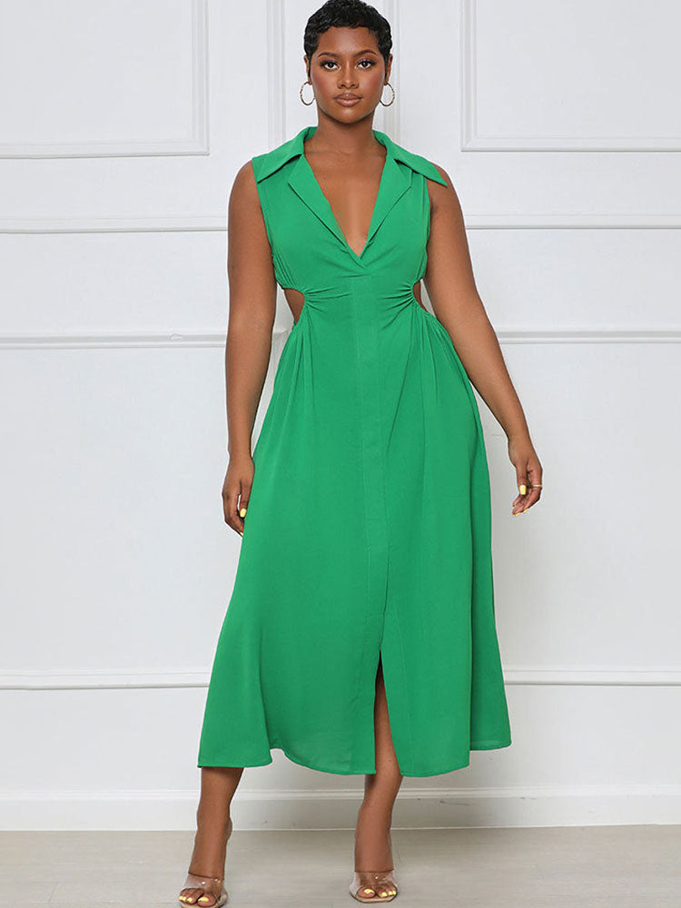 Lapel V Neck Sleeveless Maxi Dresses