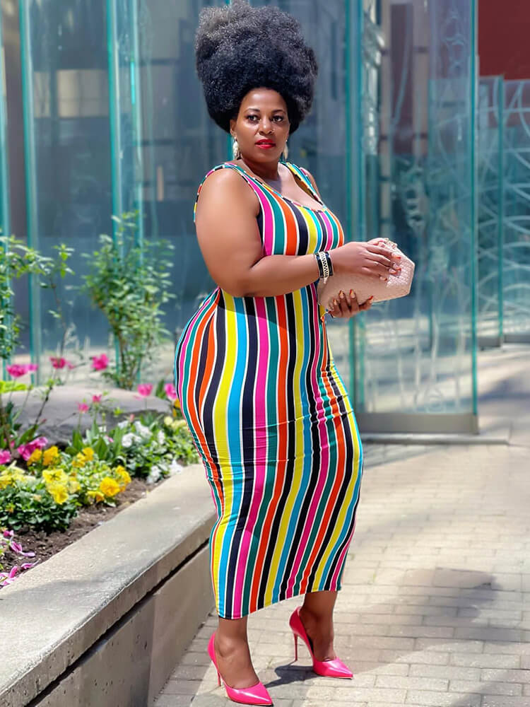 Sleeveless Striped Color Block Maxi Dresses with Belt