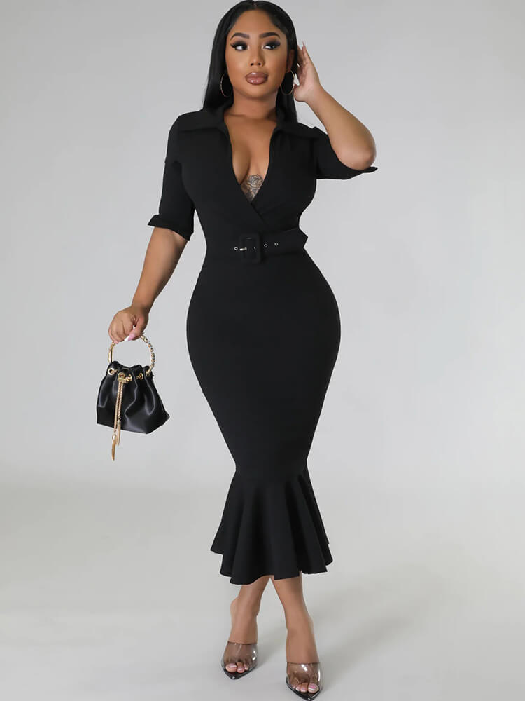 Short Sleeve V Neck Bodycon Midi Dresses