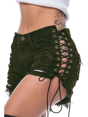 Lace Up Ripped Hole Tassel Shorts