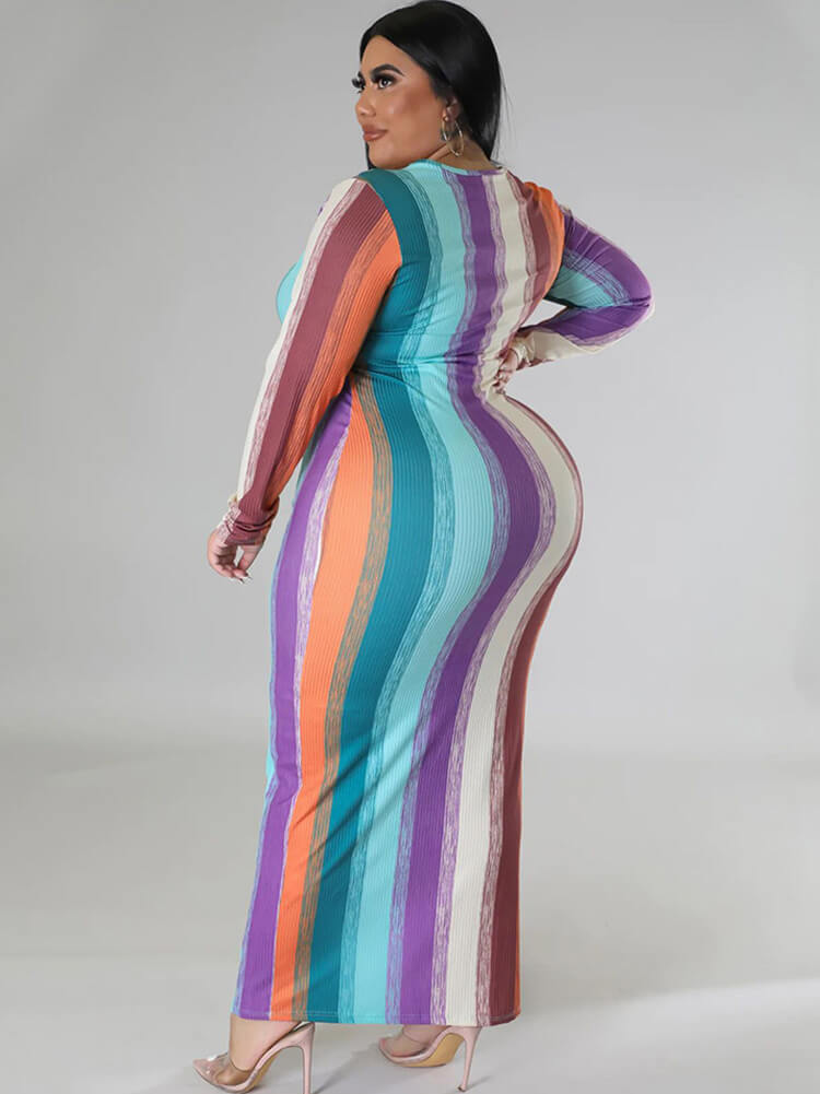 Plus Size Long Sleeve Color Block Maxi Dresses