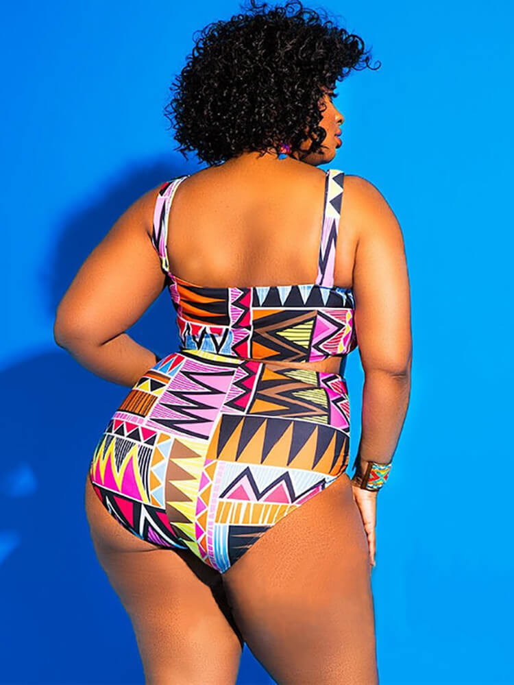 One Piece Hollow Out Geometric Print Swimsuit