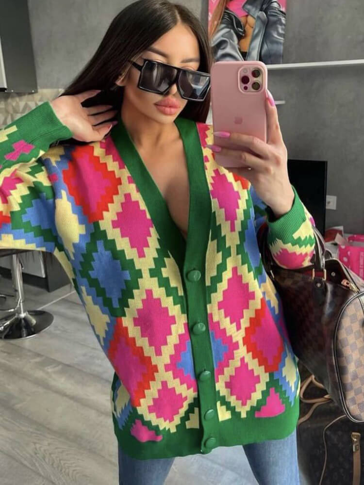 Knit Long Sleeve Color Block Plaid Printed Jackets