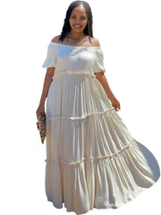 Off Shoulder Short Sleeve Flowy Maxi Dresses