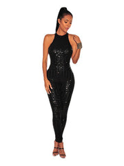 Sleeveless Halter Backless Sequin Bodycon Jumpsuits