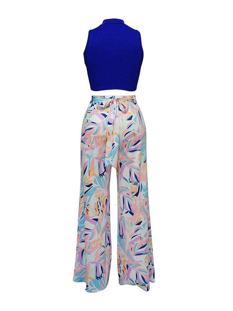 Two Piece Crop Tops Floral Print Long Pants