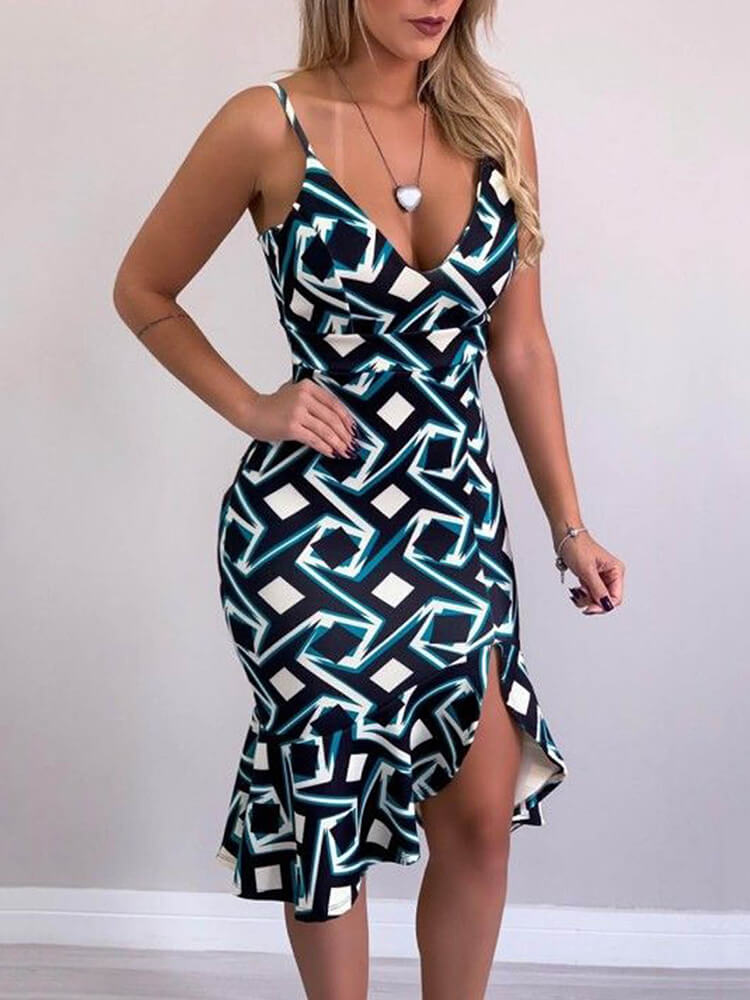 Spaghetti Strap V Neck Printed Split Ruffle Midi Dress