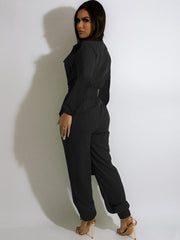 V Neck Button Down Long Sleeve Cargo JumpSuits