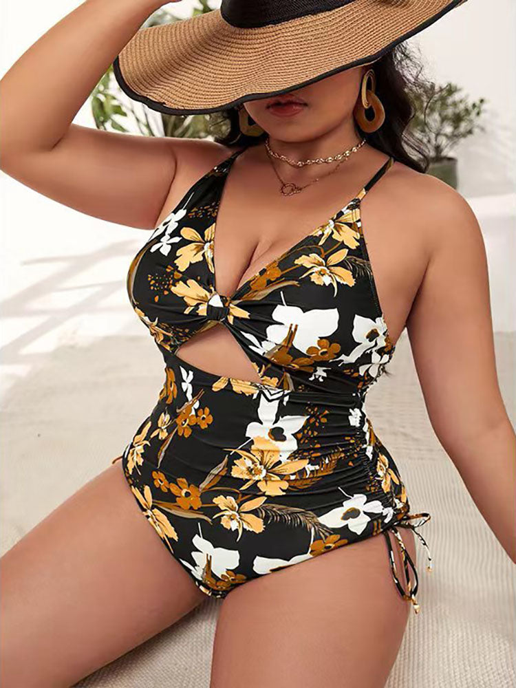 Plus Size Floral Print Backless Swimsuits