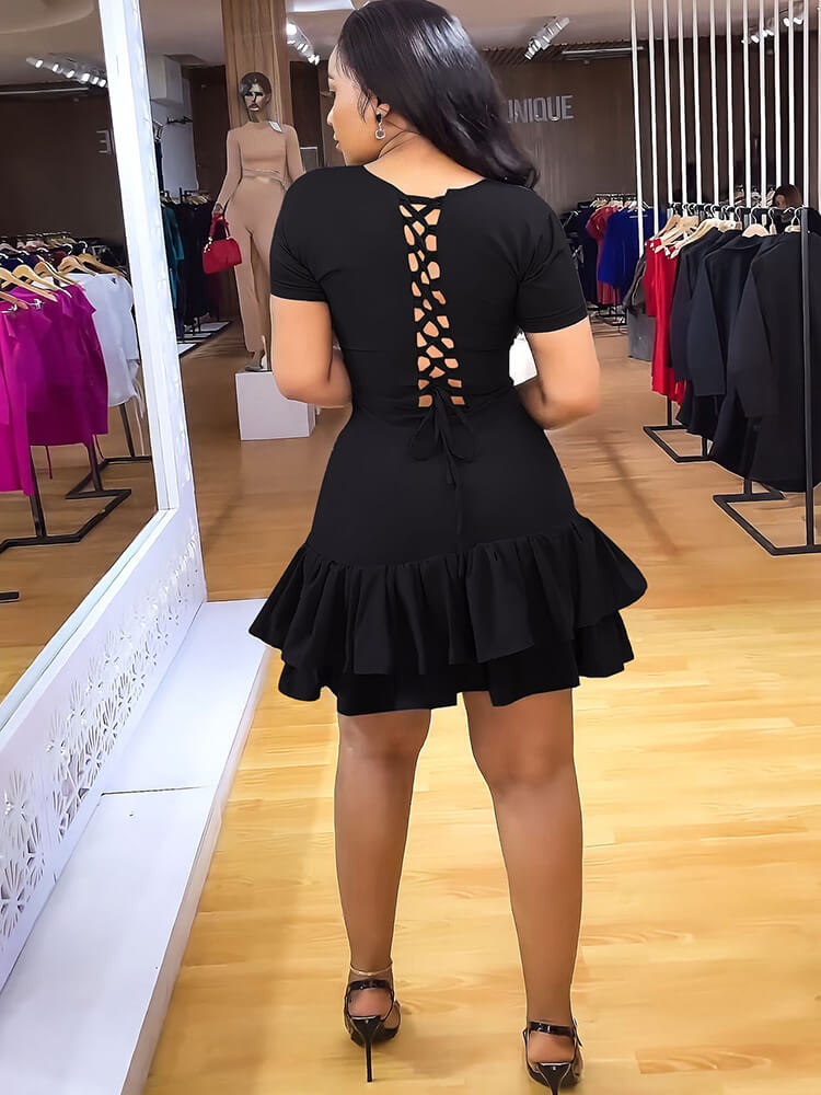 Short Sleeve Criss Cross Ruffle Mini Dresses