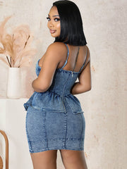 Denim Spaghetti Strap Ruffle Bodycon Mini Dresses