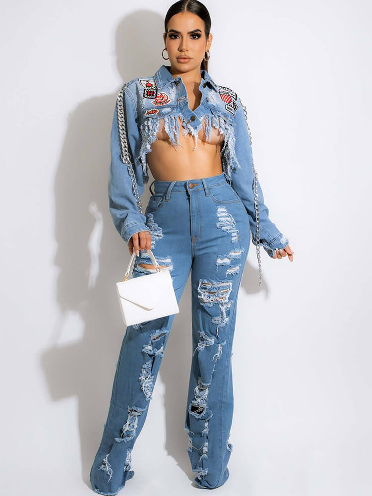 Denim Ripped High Waist Flare Pants