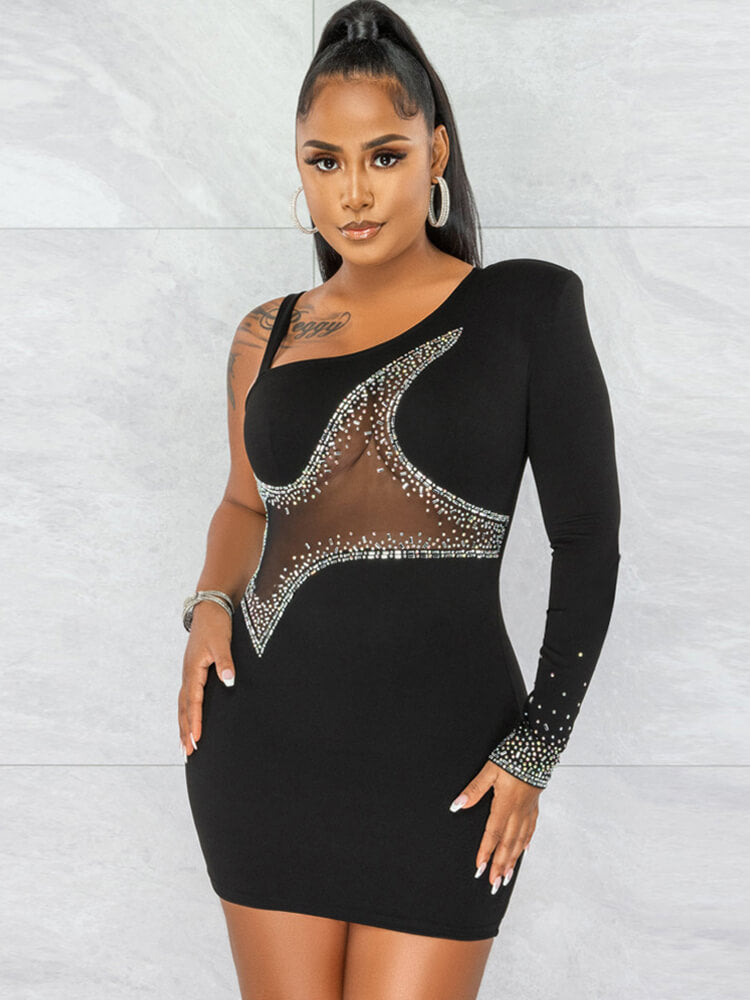 One Shoulder Rhinestone Sequin Bodycon Mini Dresses