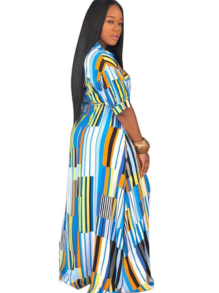 Striped Printed V Neck Maxi Dresses