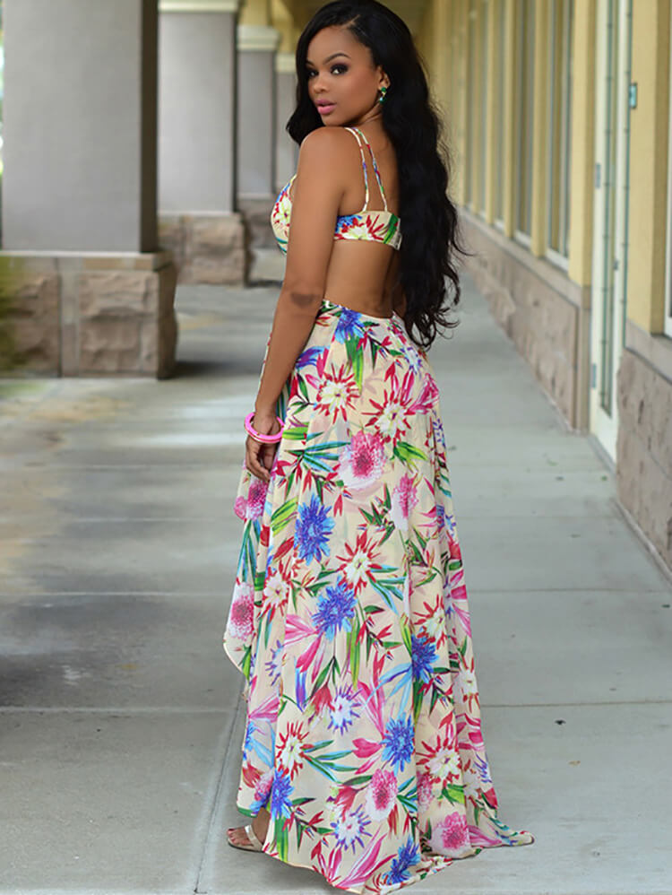 Floral Print Halter Asymmetrical Boho Midi Dress