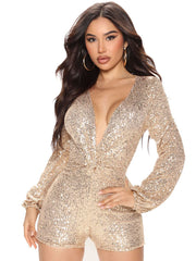 Glitter Sequins Long Sleeves Zipper Rompers