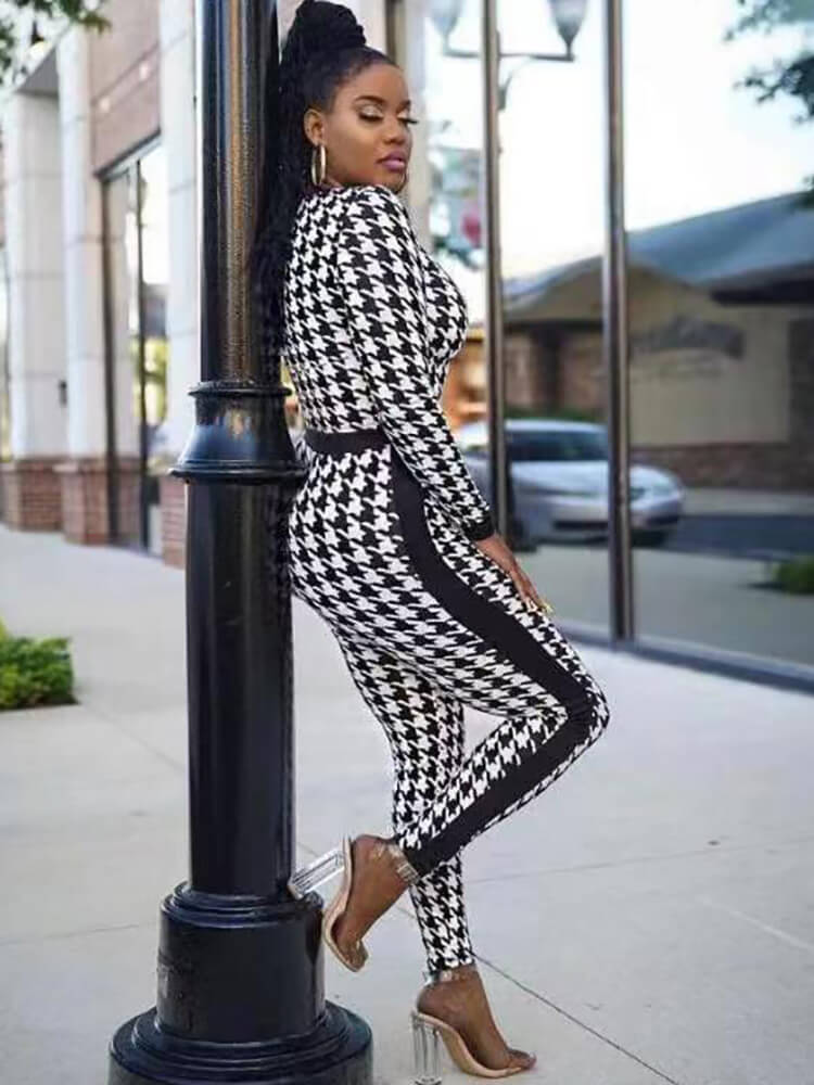 Houndstooth Long Sleeve Patchwork Bodycon Jumpsuit