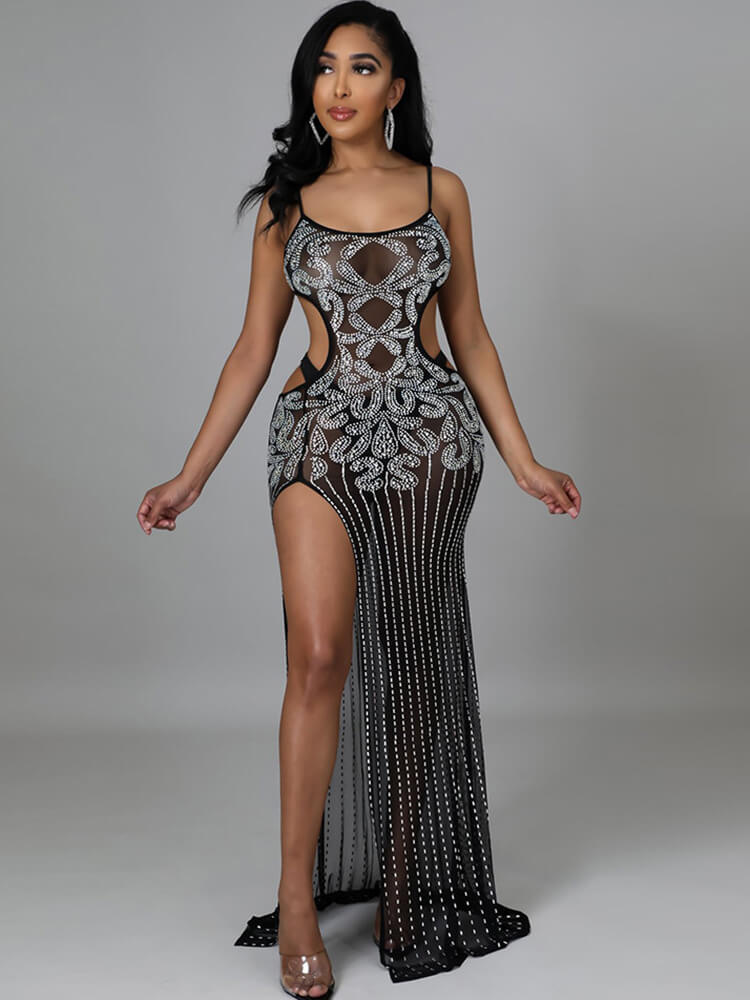 Sequin Mesh Spaghetti Strap Cut Out Split Maxi Dress