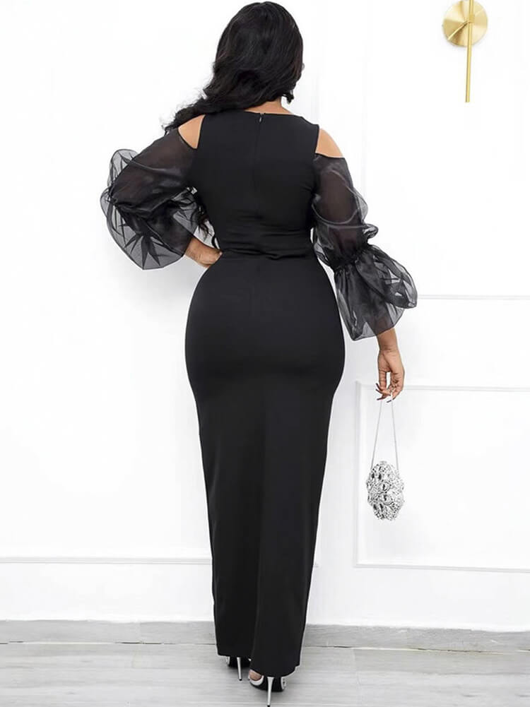 Mesh Patchwork Lantern Sleeve Split Bodycon Maxi Dresses – Viho Shop