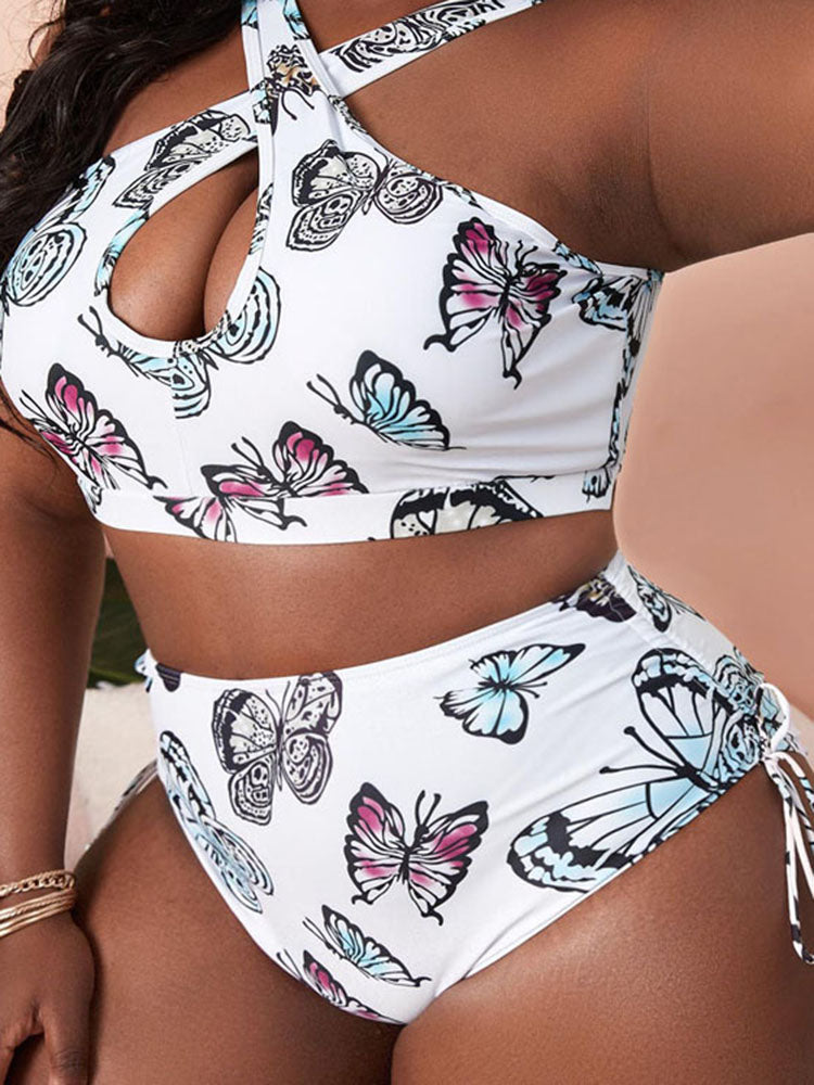 Plus Size Halter Neck Butterfly Print Swimsuit