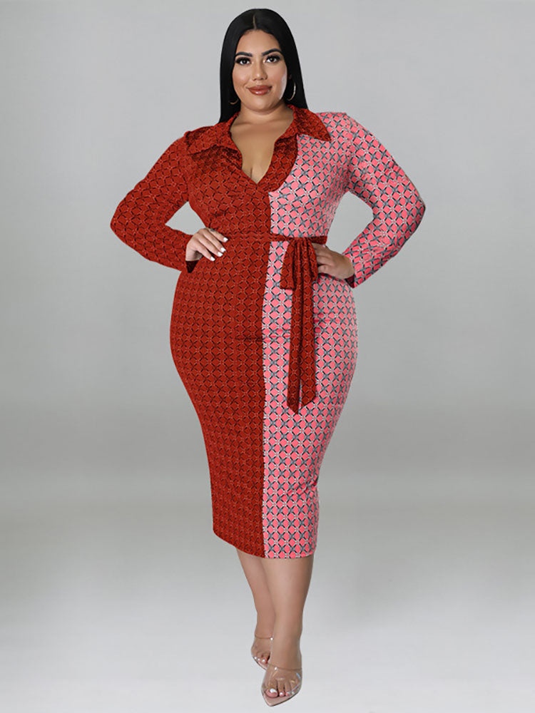 Plus Size Color Block Belted Midi Dresses