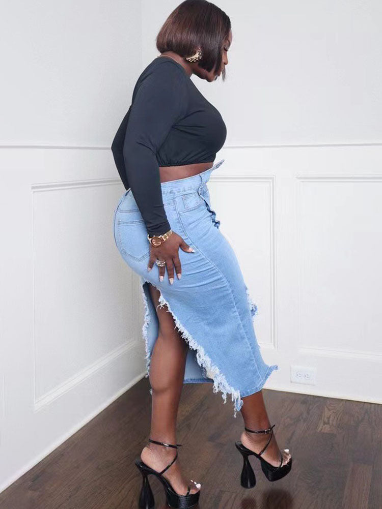 Denim Ripped Asymmetrical Hem Midi Skirts