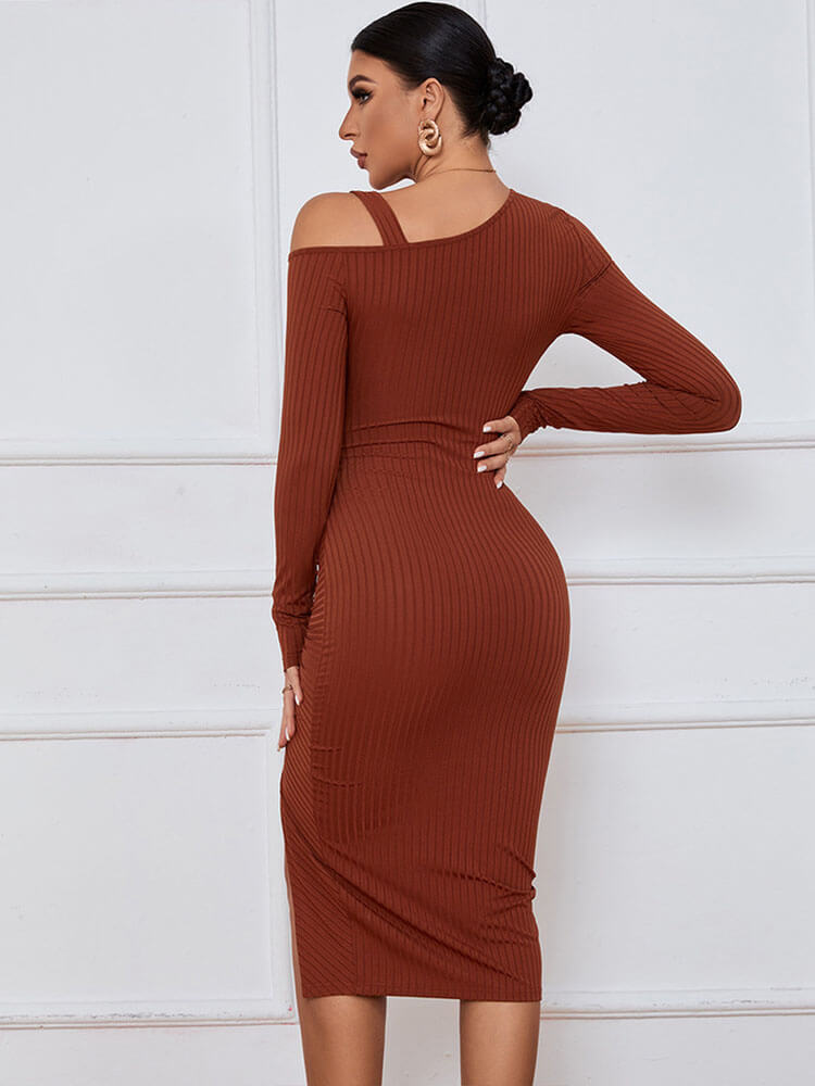 One Shoulder Ribbed Knit Drawstring Slit Midi Dresses