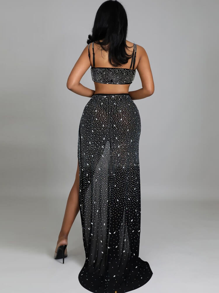 Rhinestone Spaghetti Strap High Split Maxi Dress