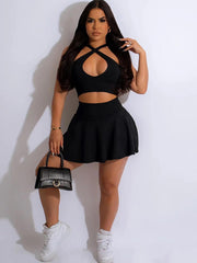 Crisscross Cutout Crop Top & Pleated Mini Skirt