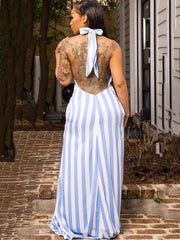 Striped Halter Neck Backless Maxi Dresses