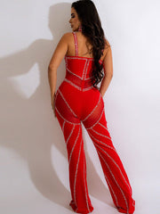 Rhinestone Spaghetti Strap Mesh Patchwork Jumpsuits