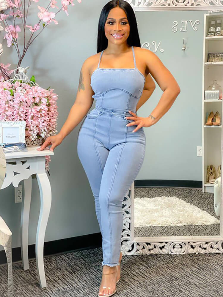 Denim Halter Neck Backless Bodycon Jumpsuits